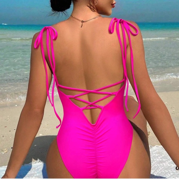 Shoulder Tie Criss Cross Back Monokini One Piece Swimsuit - Picture 7 of 8